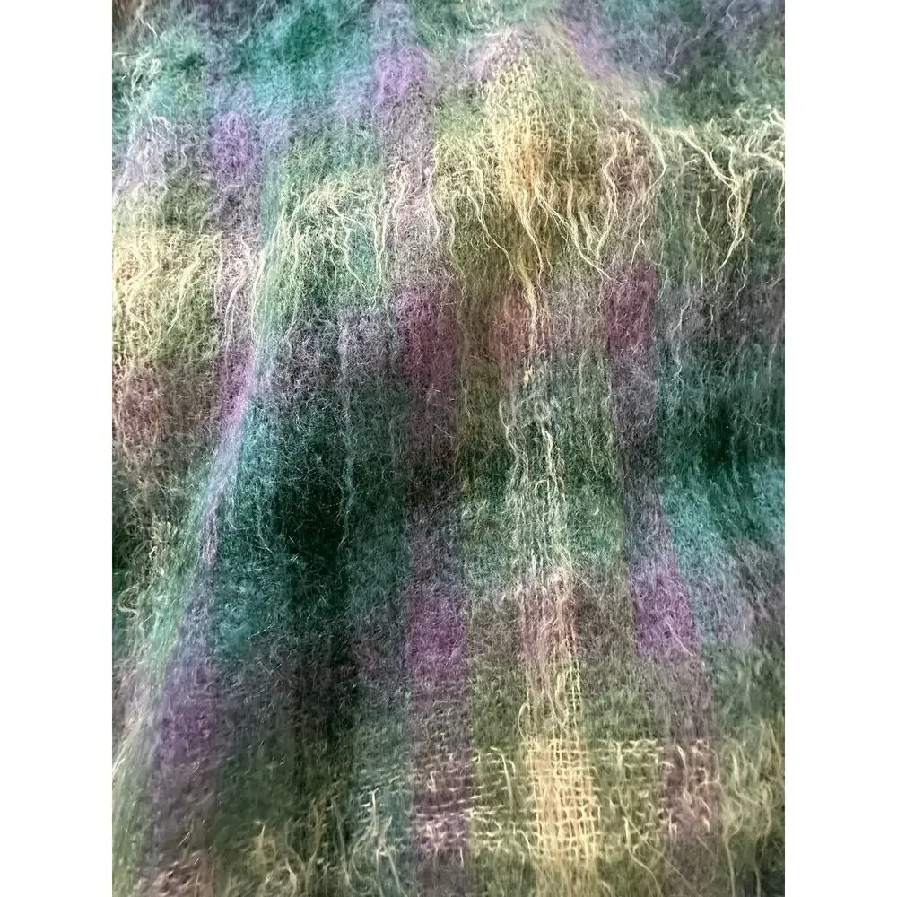 Vintage Neiman Marcus plaid mohair wool throw blanket purple green teal 68x44”